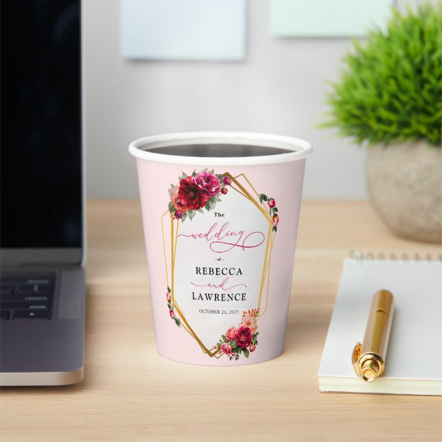 Chic red pink floral and faux gold wedding paper cups (Insitu)