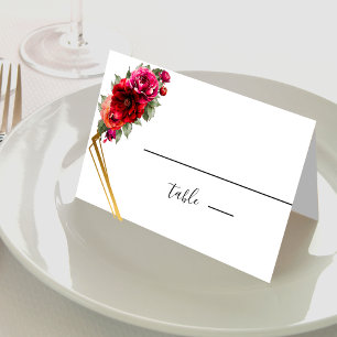Chic red pink floral and faux gold wedding place card