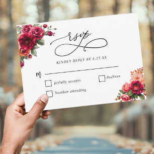 Chic red pink floral and faux gold wedding RSVP card