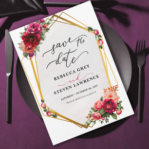 Chic red pink floral and faux gold wedding save the date