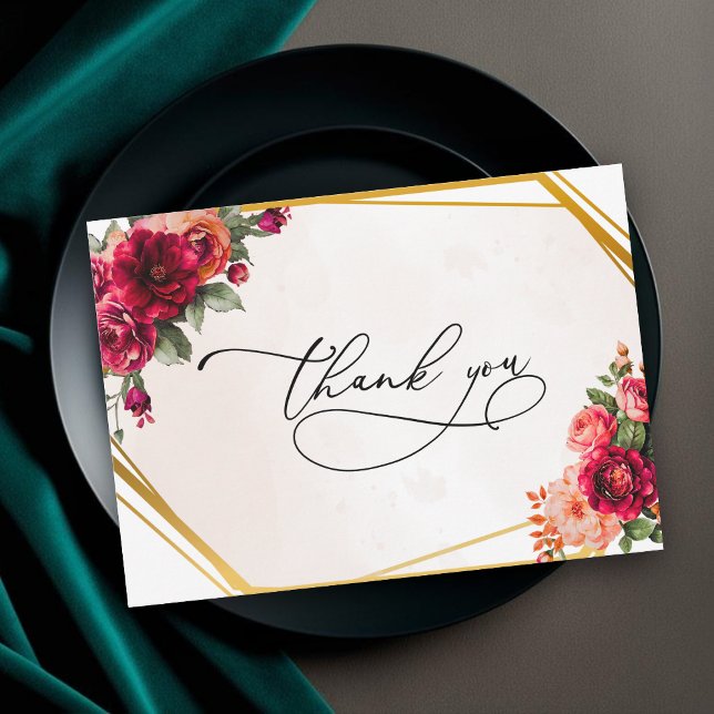 Chic red pink floral and faux gold wedding thank you card (Creator Uploaded)