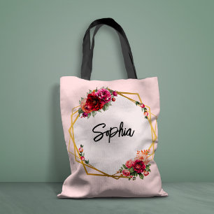 Chic red pink floral and faux gold wedding tote bag