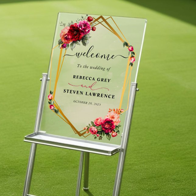 Chic red pink floral and faux gold wedding welcome acrylic sign (Creator Uploaded)