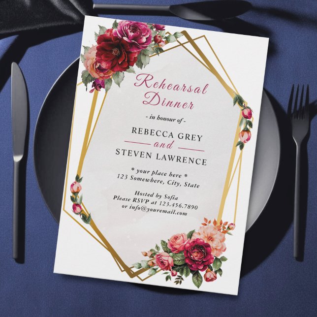 Chic red pink floral faux gold rehearsal dinner  invitation (Creator Uploaded)