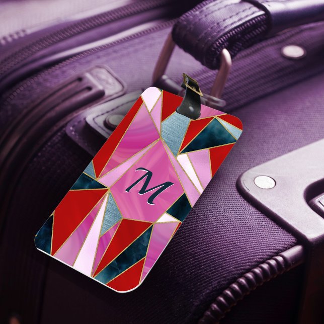 Chic red pink grey abstract geometric luggage tag (Creator Uploaded)