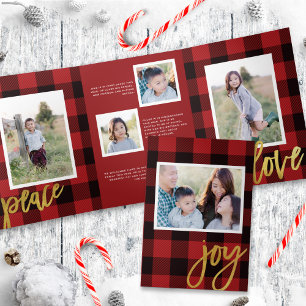 Chic Red Plaid + Gold Script Holiday Photo Card