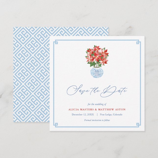 Chic Red Poinsettia Chinoiserie Christmas Wedding Save The Date (Front/Back)