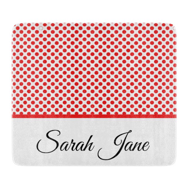 Chic Red Polka Dots Elegant Script Custom Name Cutting Board (Front)