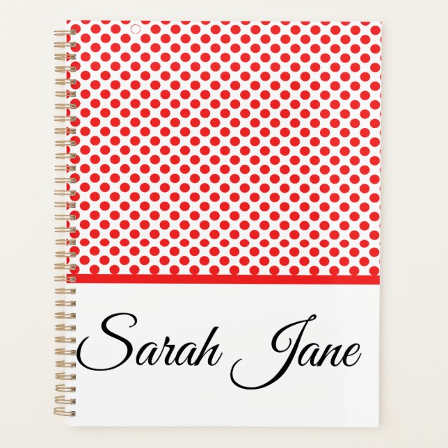 Chic Red Polka Dots Elegant Script Custom Name Planner (Front)