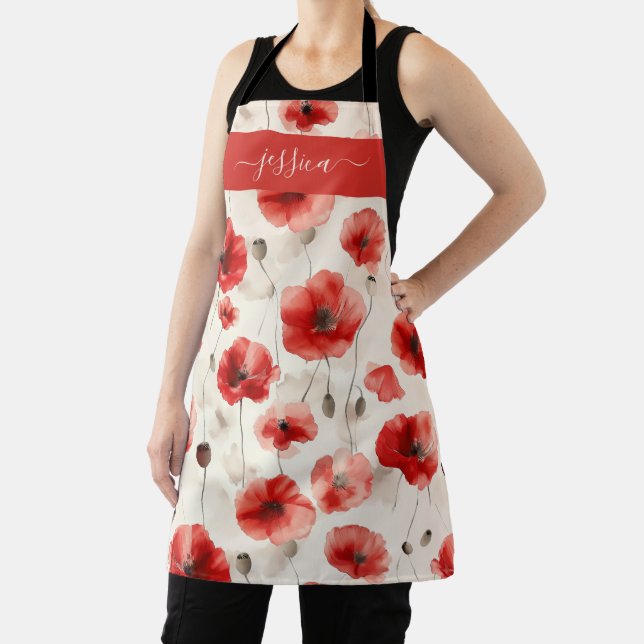 Chic red poppies script name apron (Insitu)