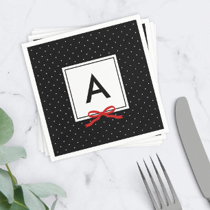 Chic Red Ribbon Black Polka Dot Pattern Monogram Napkin