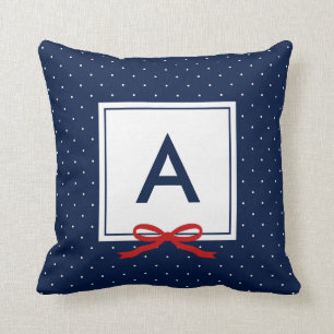 Chic Red Ribbon Blue Polka Dot Pattern Monogram Cushion