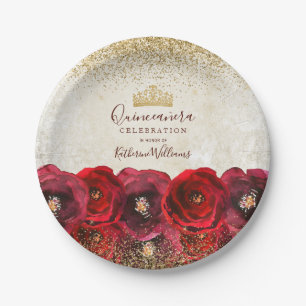  Chic Red Rose Floral Gold Crown Quinceañera Paper Plate