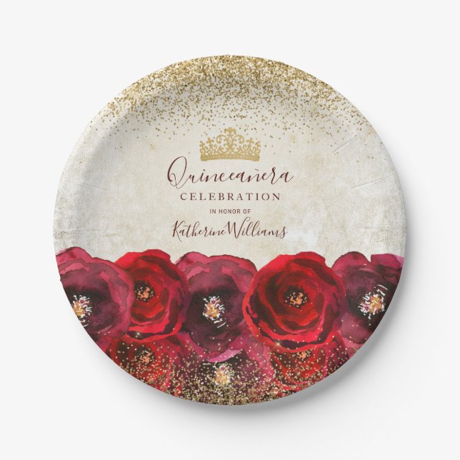  Chic Red Rose Floral Gold Crown Quinceañera Paper Plate (Front)