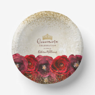  Chic Red Rose Floral Gold Crown Quinceañera Paper Plate