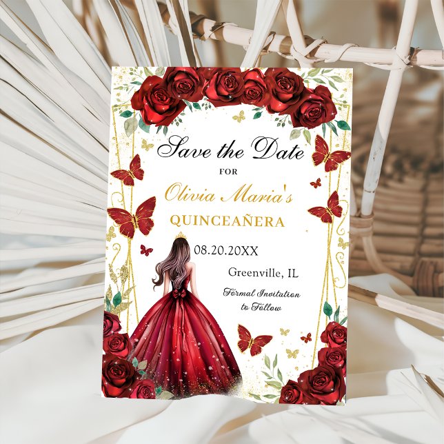 Chic Red Rose Floral Quinceanera Princess Save The Date (Creator Uploaded)