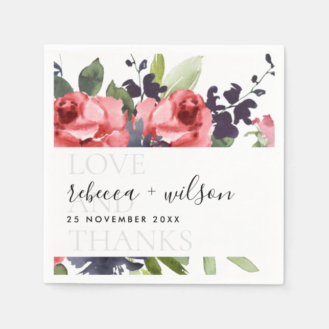 CHIC RED ROSE PEONY FLORAL LOVE AND THANKS WEDDING NAPKIN (Front)