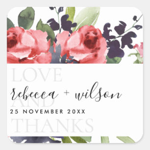 CHIC RED ROSE PEONY FLORAL LOVE AND THANKS WEDDING SQUARE STICKER