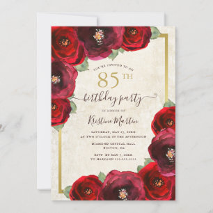 Chic Red Rose Watercolor Floral Gold 85th Birthday Invitation