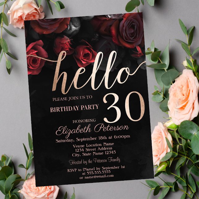 Chic Red Roses Black 30th Birthday Party Invitation (Creator Uploaded)