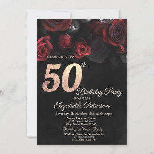 Chic Red Roses Black 50th Birthday  Invitation