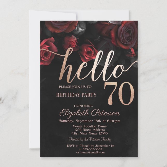 Chic Red Roses Black 70th Birthday Party Invitation (Front)