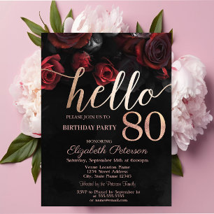 Chic Red Roses Black 80th Birthday Party Invitation