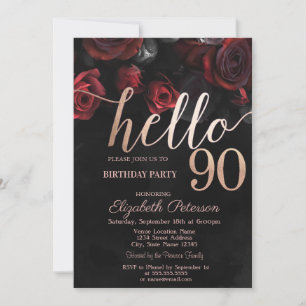 Chic Red Roses Black 90th Birthday Party Invitation
