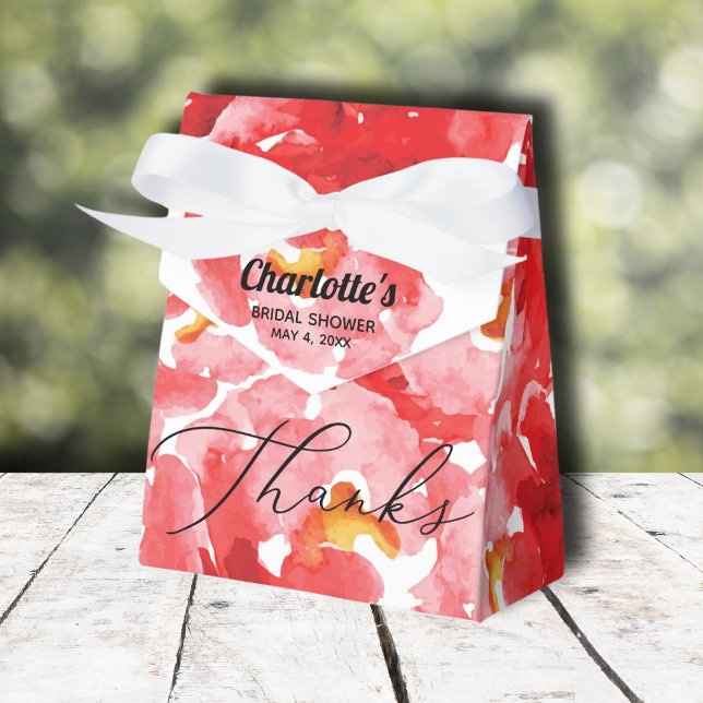 Chic Red Roses Bridal Shower Favour Box (Red roses floral bridal shower tent-style ribbon closure favor boxes)