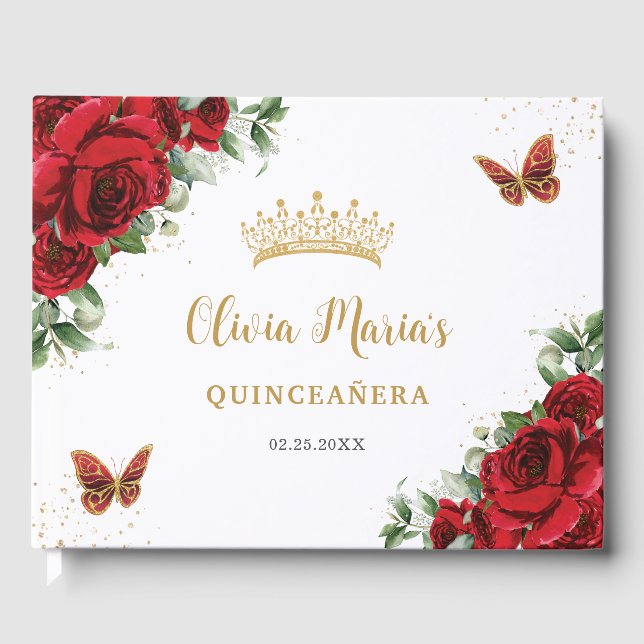 Chic Red Roses Floral Butterflies Gold Quinceanera Guest Book (Front)