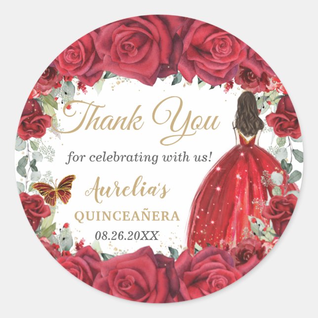 Chic Red Roses Floral Butterflies Princess Favour Classic Round Sticker (Front)