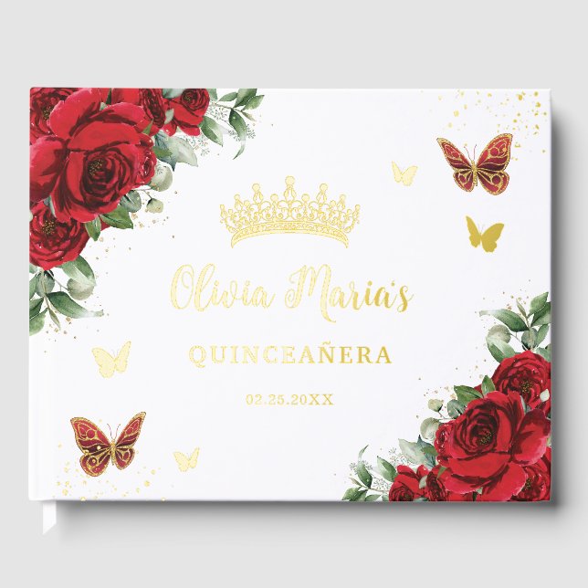 Chic Red Roses Floral Butterflies Quinceanera Gold Guest Book (Front)