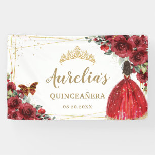 Chic Red Roses Floral Quinceañera Welcome Backdrop Banner