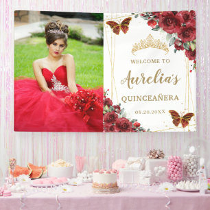 Chic Red Roses Floral Quinceañera Welcome Backdrop Banner