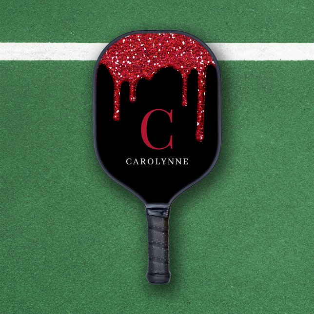 Chic Red Sparkle Glitter Drips Monogram Pickleball Paddle (Chic Red Sparkle Glitter Drips Monogram Pickleball Paddle)