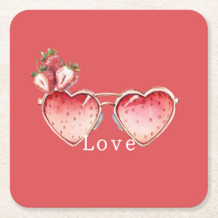 Chic Red Strawberry Heart Colored Glasses Square Paper Coaster