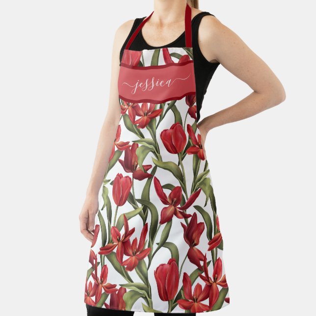 Chic red tulips script name apron (Insitu)