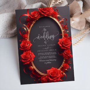 Chic Red Turkish Roses golden Frame Wedding Invitation