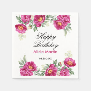 Chic Red Violet Peony Floral Greenery Birthday Napkin