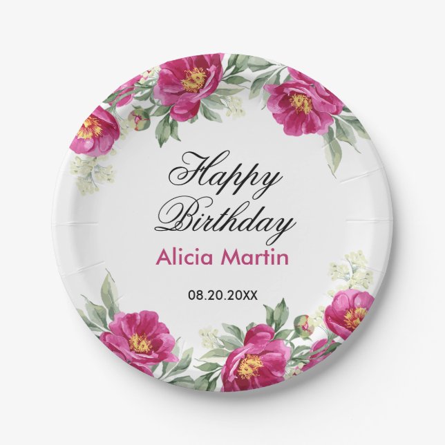 Chic Red Violet Peony Floral Greenery Birthday  Paper Plate (Front)