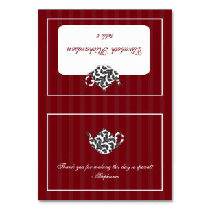 Chic Red & White Damask Teapot Folded Place Card