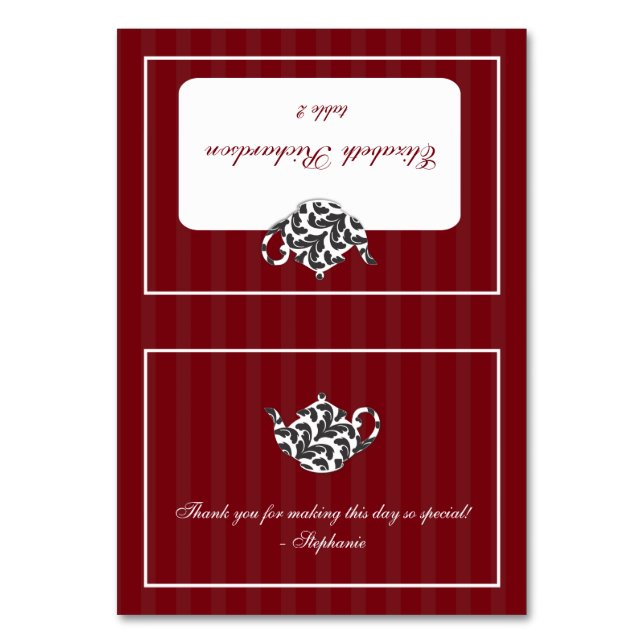 Chic Red & White Damask Teapot Folded Place Card (Front)