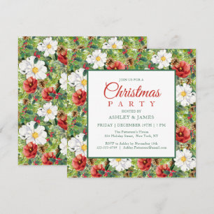 Chic Red White Floral Christmas Party Invitation