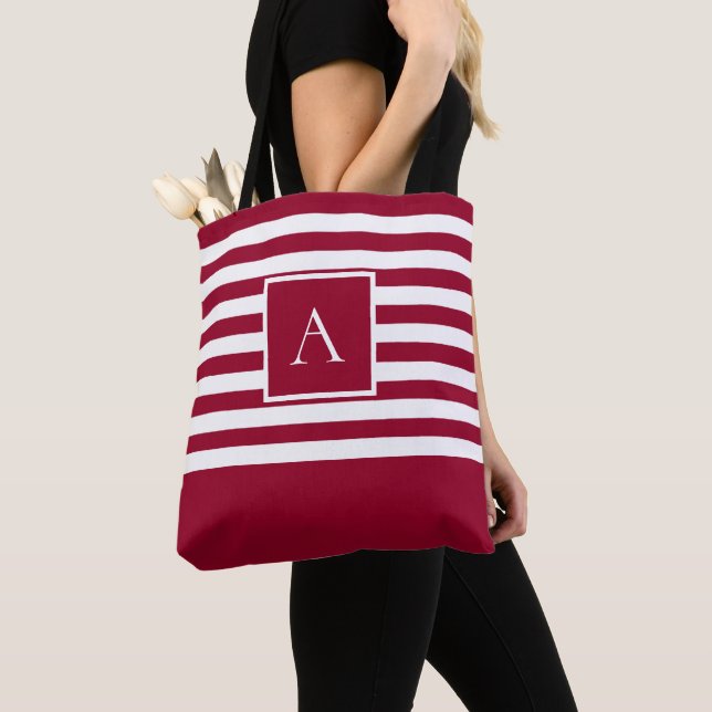 CHIC RED WHITE STRIPE Square Letter Monogram Tote Bag (Close Up)