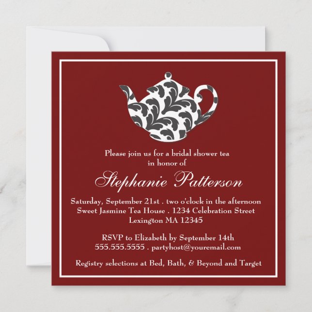 Chic Red & White w Damask Bridal Shower Tea Party Invitation (Front)