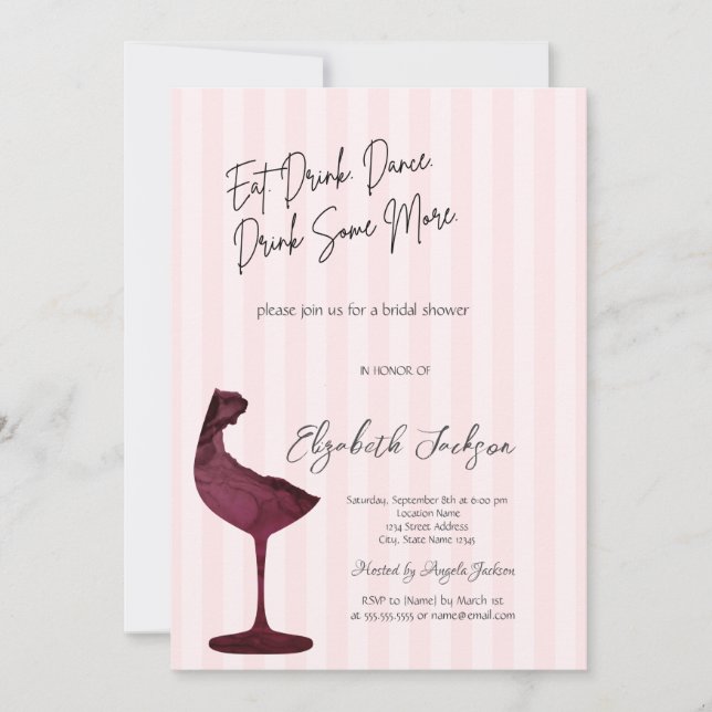 Chic Red Wine Glass Pink Striped  Invitation (Front)