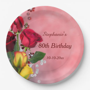 Chic Red & Yellow Roses 80th Birthday Paper Plate