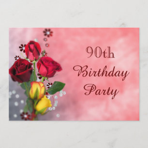 Chic Red & Yellow Roses 90th Birthday Invitation