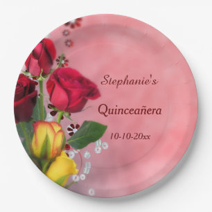 Chic Red & Yellow Roses Quinceañera Celebration Paper Plate