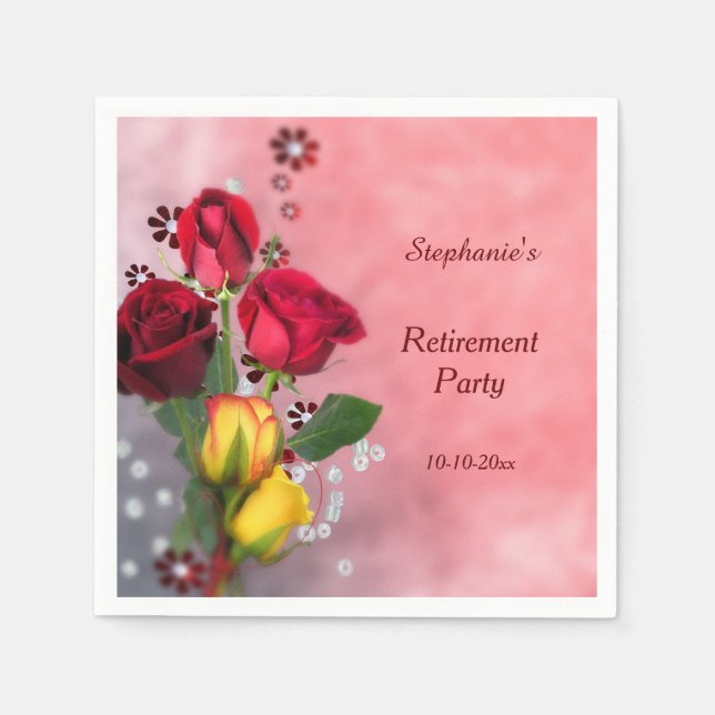 Chic Red & Yellow Roses Retirement Napkin (Front)